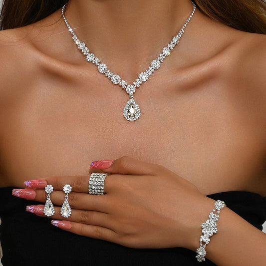 High-end Colored Gemstone Teardrop Jewelry 4-Piece Set, Women's Accessory Set, Wedding and Evening Accessories - Silver Kemu |Fashion Home Kitchen Beauty