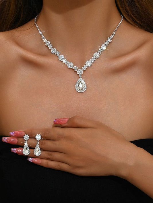 High-end Colored Gemstone Teardrop Jewelry 4-Piece Set, Women's Accessory Set, Wedding and Evening Accessories - Silver Kemu |Fashion Home Kitchen Beauty