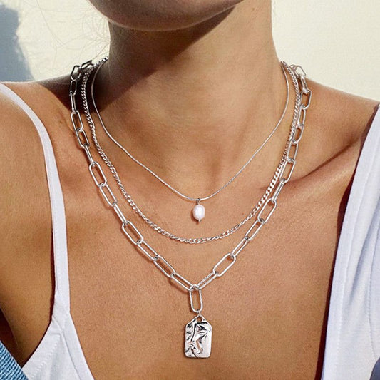 Artistic Face Pearl Necklace, Three-Strand Layered Gold-Plated Collar Necklace, Unique Women's Fashion Necklace - Silver Kemu |Fashion Home Kitchen Beauty