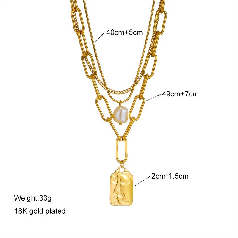 Artistic Face Pearl Necklace, Three-Strand Layered Gold-Plated Collar Necklace, Unique Women's Fashion Necklace - Silver Kemu |Fashion Home Kitchen Beauty