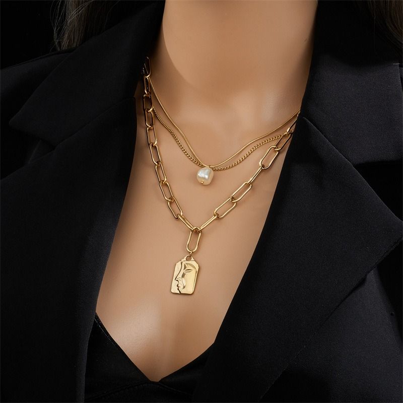 Artistic Face Pearl Necklace, Three-Strand Layered Gold-Plated Collar Necklace, Unique Women's Fashion Necklace - Silver Kemu |Fashion Home Kitchen Beauty