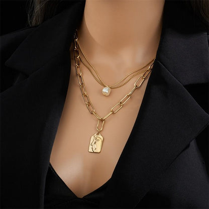Artistic Face Pearl Necklace, Three-Strand Layered Gold-Plated Collar Necklace, Unique Women's Fashion Necklace - Silver Kemu |Fashion Home Kitchen Beauty