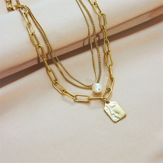 Artistic Face Pearl Necklace, Three-Strand Layered Gold-Plated Collar Necklace, Unique Women's Fashion Necklace - Silver Kemu |Fashion Home Kitchen Beauty