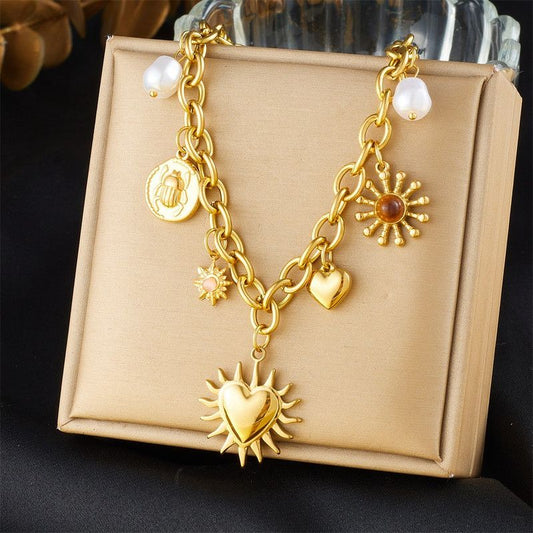 Bohemian-Style Multi-Charm Gold-Plated Necklace, Sun-Motif Heart-Shaped Pearl Cuban Chain, Trendy Women's Fashion Jewelry Kemu |Fashion Home Kitchen Beauty