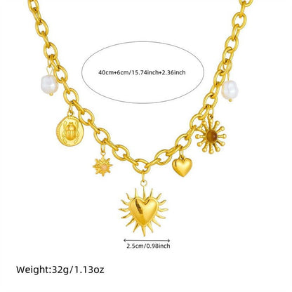 Bohemian-Style Multi-Charm Gold-Plated Necklace, Sun-Motif Heart-Shaped Pearl Cuban Chain, Trendy Women's Fashion Jewelry Kemu |Fashion Home Kitchen Beauty