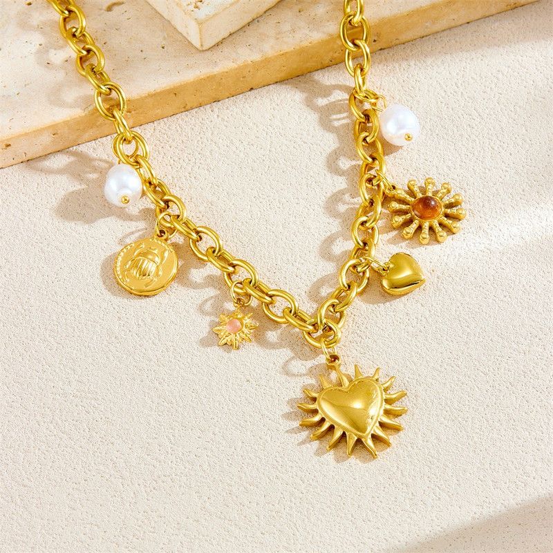 Bohemian-Style Multi-Charm Gold-Plated Necklace, Sun-Motif Heart-Shaped Pearl Cuban Chain, Trendy Women's Fashion Jewelry Kemu |Fashion Home Kitchen Beauty