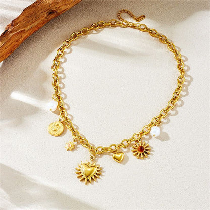 Bohemian-Style Multi-Charm Gold-Plated Necklace, Sun-Motif Heart-Shaped Pearl Cuban Chain, Trendy Women's Fashion Jewelry Kemu |Fashion Home Kitchen Beauty