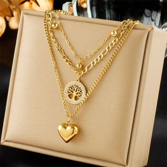Three-Tier Layered Tree of Life Heart-Shaped Titanium Steel Necklace: 18K Gold-Plated Collar Chain—A Simple, Elegant Cuban Chain Necklace for Women Kemu |Fashion Home Kitchen Beauty