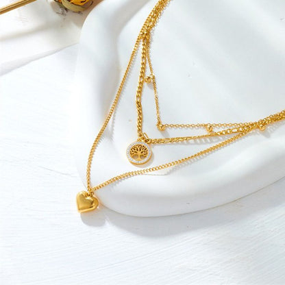 Three-Tier Layered Tree of Life Heart-Shaped Titanium Steel Necklace: 18K Gold-Plated Collar Chain—A Simple, Elegant Cuban Chain Necklace for Women Kemu |Fashion Home Kitchen Beauty