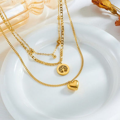 Three-Tier Layered Tree of Life Heart-Shaped Titanium Steel Necklace: 18K Gold-Plated Collar Chain—A Simple, Elegant Cuban Chain Necklace for Women Kemu |Fashion Home Kitchen Beauty