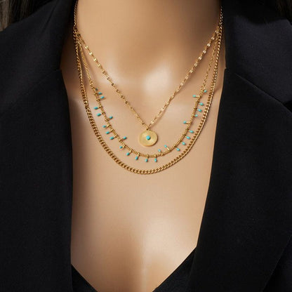 Bohemian-Style Three-Tier Turquoise Necklace with 18K Gold-Plated Titanium Collar Chain Kemu |Fashion Home Kitchen Beauty