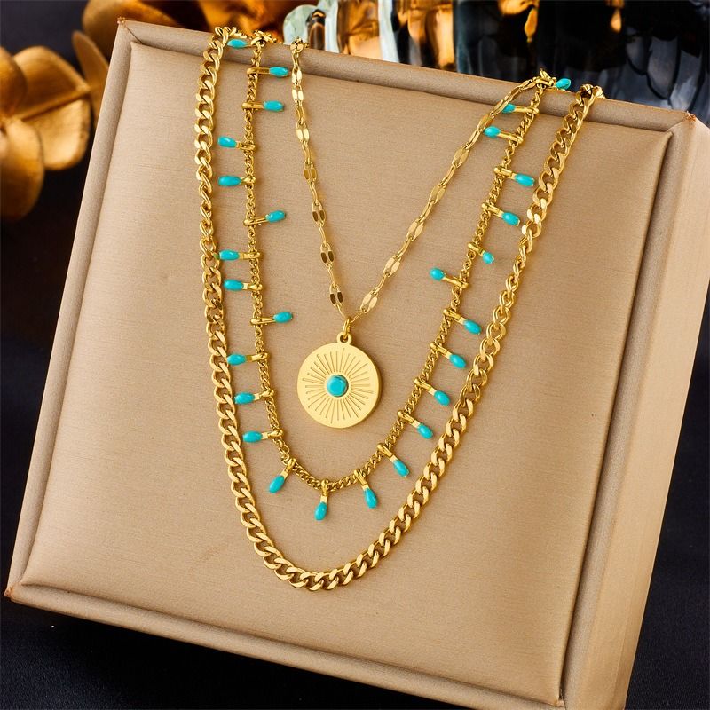 Bohemian-Style Three-Tier Turquoise Necklace with 18K Gold-Plated Titanium Collar Chain Kemu |Fashion Home Kitchen Beauty