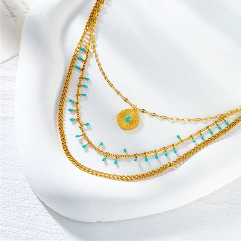 Bohemian-Style Three-Tier Turquoise Necklace with 18K Gold-Plated Titanium Collar Chain Kemu |Fashion Home Kitchen Beauty
