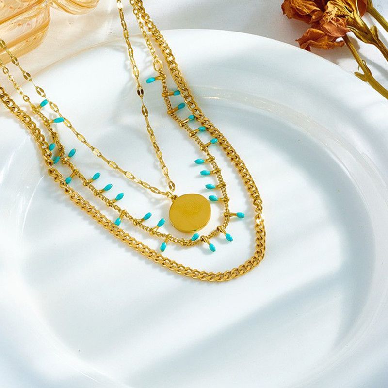 Bohemian-Style Three-Tier Turquoise Necklace with 18K Gold-Plated Titanium Collar Chain Kemu |Fashion Home Kitchen Beauty