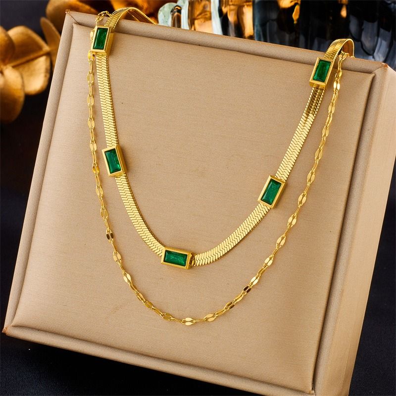 Double-Layer Zirconia Blade Chain Necklace, Gold-Plated Titanium Steel Women's Vintage-Style Luxury Necklace - Green Kemu |Fashion Home Kitchen Beauty