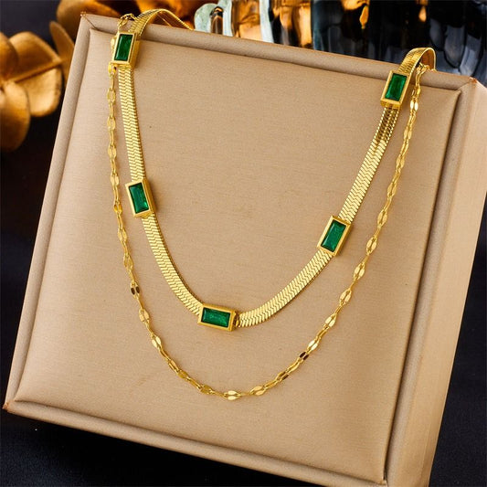 Double-Layer Zirconia Blade Chain Necklace, Gold-Plated Titanium Steel Women's Vintage-Style Luxury Necklace - Green Kemu |Fashion Home Kitchen Beauty