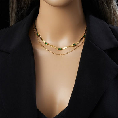 Double-Layer Zirconia Blade Chain Necklace, Gold-Plated Titanium Steel Women's Vintage-Style Luxury Necklace - Green Kemu |Fashion Home Kitchen Beauty