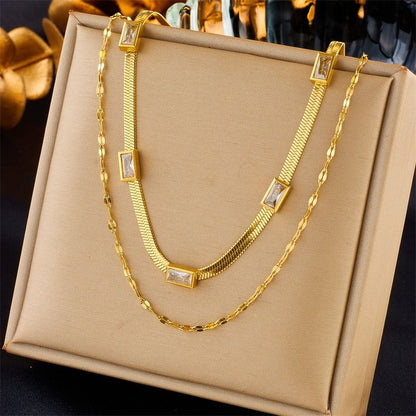 Zirconia Blade Chain Double-Layer Necklace, Gold-Plated Titanium Steel Women's Vintage-Style Luxury Necklace - Clear Kemu |Fashion Home Kitchen Beauty