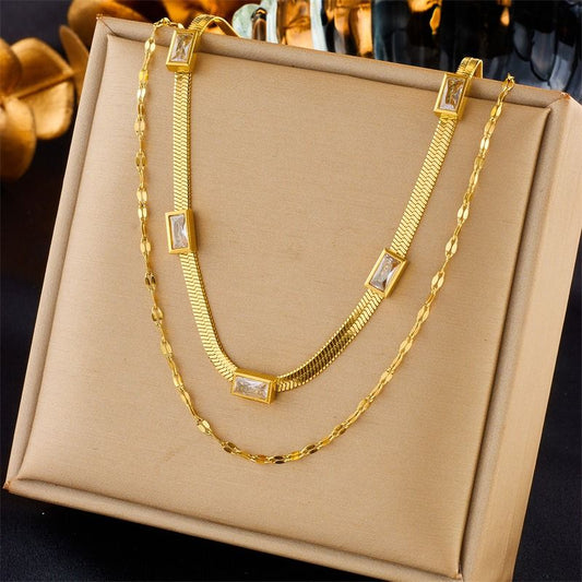 Zirconia Blade Chain Double-Layer Necklace, Gold-Plated Titanium Steel Women's Vintage-Style Luxury Necklace - Clear Kemu |Fashion Home Kitchen Beauty