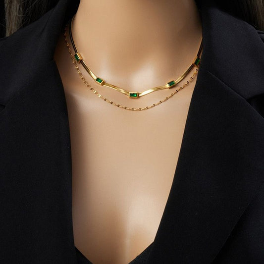 Zirconia Blade Chain Double-Layer Necklace, Gold-Plated Titanium Steel Women's Vintage-Style Luxury Necklace - Clear Kemu |Fashion Home Kitchen Beauty