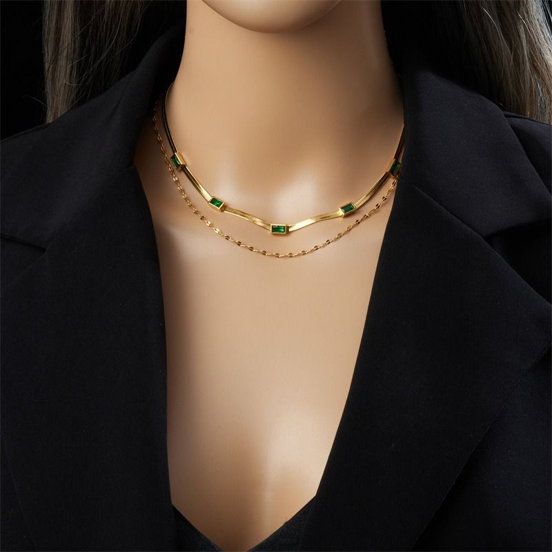 Zirconia Blade Chain Double-Layer Necklace, Gold-Plated Titanium Steel Women's Vintage-Style Luxury Necklace - Clear Kemu |Fashion Home Kitchen Beauty