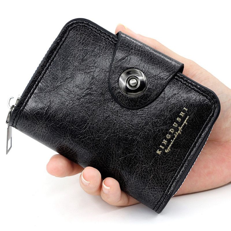 Vintage Waxed PU Leather Card Holder Wallet, Snap Button Zipper Coin Purse, Multi-Card Slot Mini Credit Card Case for Men and Women (Black) Kemu |Fashion Home Kitchen Beauty