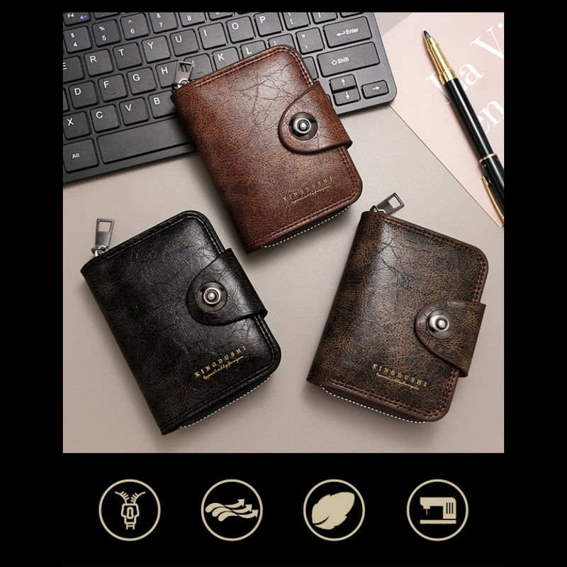 Vintage Waxed PU Leather Card Holder Wallet, Snap Button Zipper Coin Purse, Multi-Card Slot Mini Credit Card Case for Men and Women (Black) Kemu |Fashion Home Kitchen Beauty