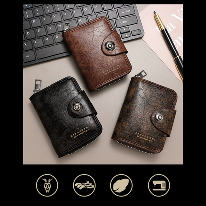 Vintage Waxed PU Leather Card Holder Wallet, Snap Button Zipper Coin Purse, Multi-Card Slot Mini Credit Card Case for Men and Women (Black) Kemu |Fashion Home Kitchen Beauty