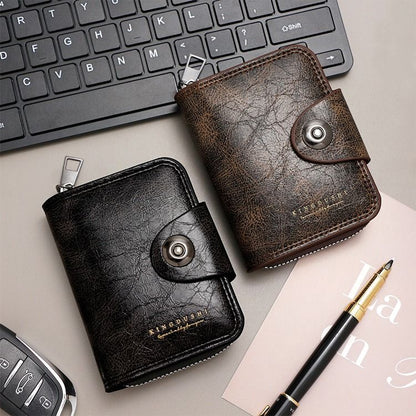 Vintage Waxed PU Leather Card Holder Wallet, Snap Button Zipper Coin Purse, Multi-Card Slot Mini Credit Card Case for Men and Women (Black) Kemu |Fashion Home Kitchen Beauty