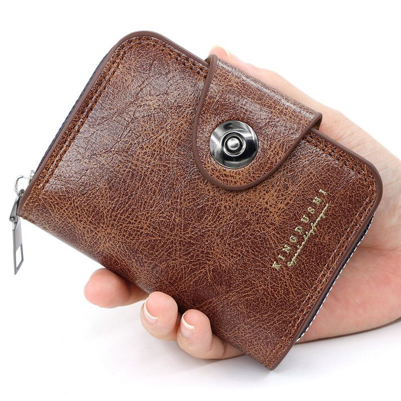 Vintage Waxed PU Leather Card Holder Wallet, Snap Button Zipper Coin Purse, Multi-Card Slot Mini Credit Card Case for Men and Women (Brown) Kemu |Fashion Home Kitchen Beauty