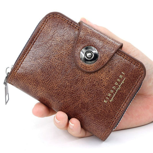 Vintage Waxed PU Leather Card Holder Wallet, Snap Button Zipper Coin Purse, Multi-Card Slot Mini Credit Card Case for Men and Women (Brown) Kemu |Fashion Home Kitchen Beauty
