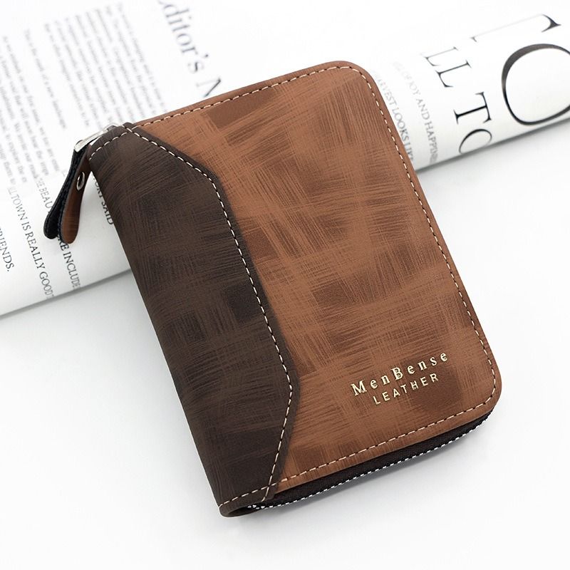 Two-tone Patchwork PU Zip-Around Short Wallet for Men, Embossed Letter Multi-Card Slot Purse with Dual Coin Pockets & ID Photo Slot (Brown) Kemu |Fashion Home Kitchen Beauty
