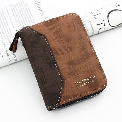 Two-tone Patchwork PU Zip-Around Short Wallet for Men, Embossed Letter Multi-Card Slot Purse with Dual Coin Pockets & ID Photo Slot (Brown) Kemu |Fashion Home Kitchen Beauty