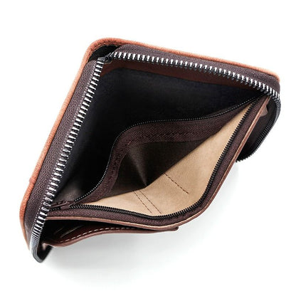 Two-tone Patchwork PU Zip-Around Short Wallet for Men, Embossed Letter Multi-Card Slot Purse with Dual Coin Pockets & ID Photo Slot (Brown) Kemu |Fashion Home Kitchen Beauty