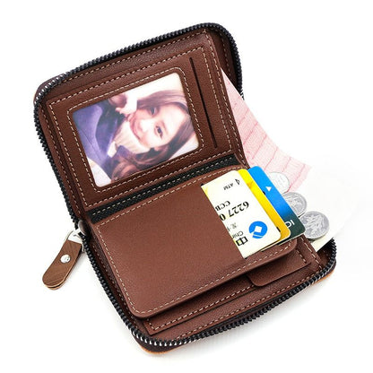 Two-tone Patchwork PU Zip-Around Short Wallet for Men, Embossed Letter Multi-Card Slot Purse with Dual Coin Pockets & ID Photo Slot (Brown) Kemu |Fashion Home Kitchen Beauty