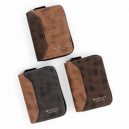 Two-tone Patchwork PU Zip-Around Short Wallet for Men, Embossed Letter Multi-Card Slot Purse with Dual Coin Pockets & ID Photo Slot (Brown) Kemu |Fashion Home Kitchen Beauty