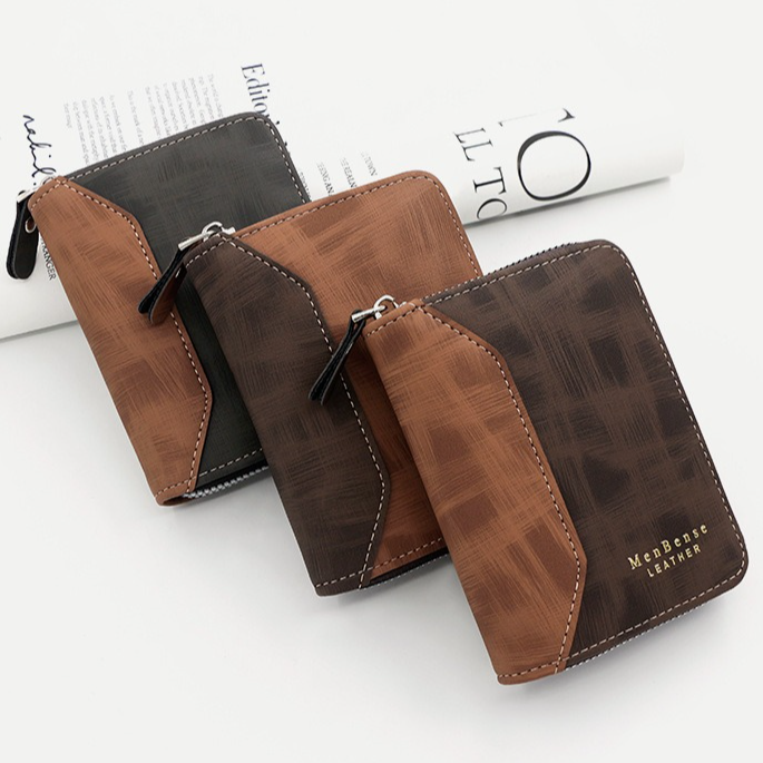 Two-tone Patchwork PU Zip-Around Short Wallet for Men, Embossed Letter Multi-Card Slot Purse with Dual Coin Pockets & ID Photo Slot (Brown) Kemu |Fashion Home Kitchen Beauty
