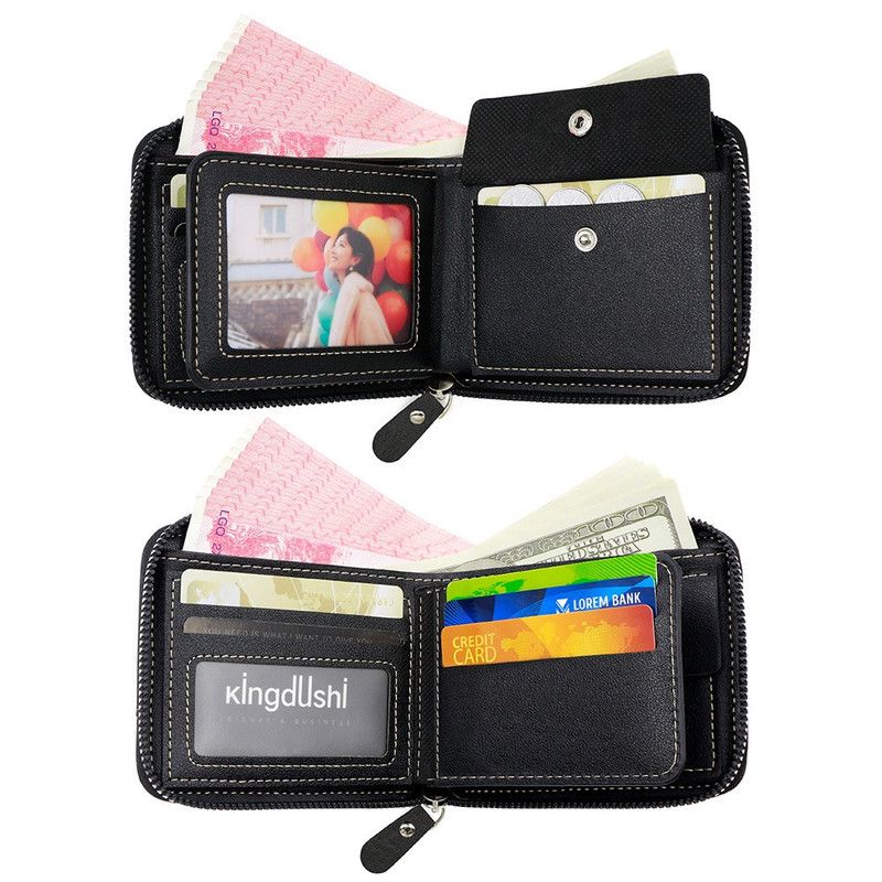 Men's Tri-fold Zip-Around Wallet, PU Leather Purse with Snap Coin Pocket & ID Photo Slot, Multi-Card Slots Business Casual Short Billfold (Dark Brown) Kemu |Fashion Home Kitchen Beauty