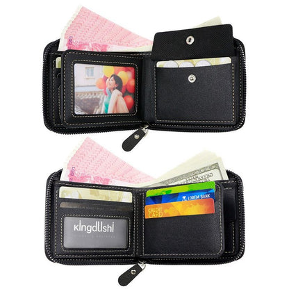 Men's Tri-fold Zip-Around Wallet, PU Leather Purse with Snap Coin Pocket & ID Photo Slot, Multi-Card Slots Business Casual Short Billfold (Dark Brown) Kemu |Fashion Home Kitchen Beauty