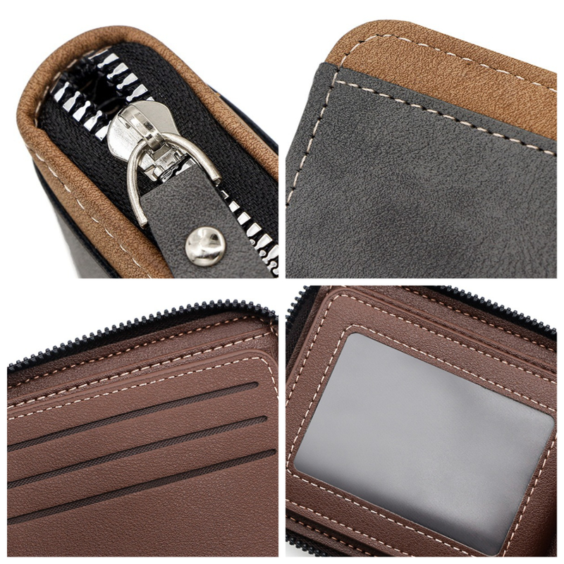 Men's Tri-fold Zip-Around Wallet, PU Leather Purse with Snap Coin Pocket & ID Photo Slot, Multi-Card Slots Business Casual Short Billfold (Dark Brown) Kemu |Fashion Home Kitchen Beauty
