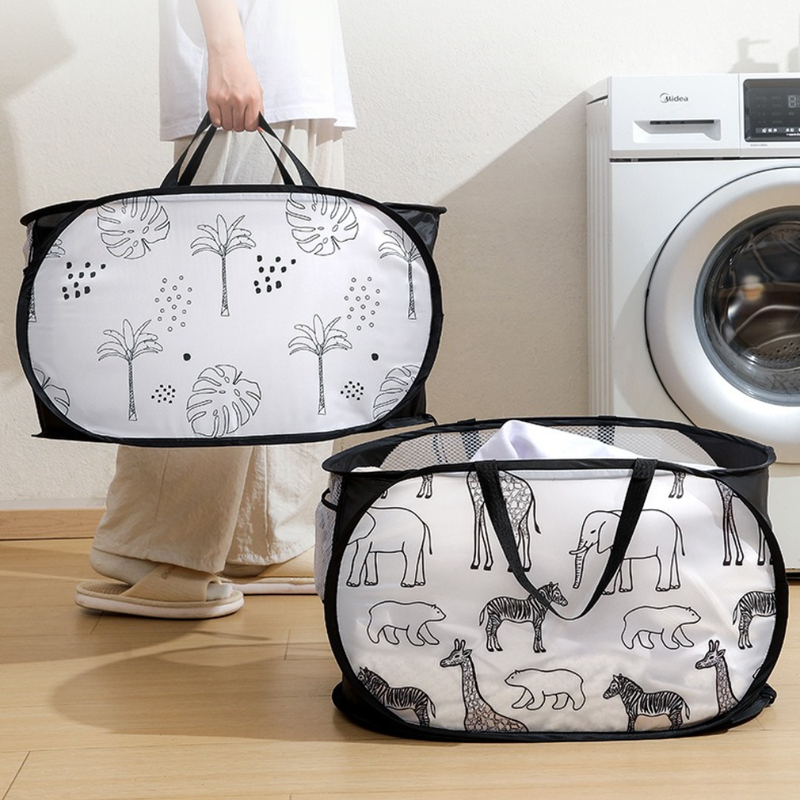 2-Pack Collapsible Laundry Basket, Large Capacity Printed Oxford Cloth Hamper with Handles for Bathroom Storage, Giraffe Print - Black