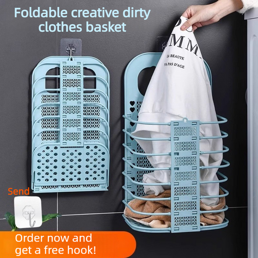 Wall-Mounted Foldable Laundry Basket, No-Drilling Hanging Dirty Clothes Hamper for Bathroom - White