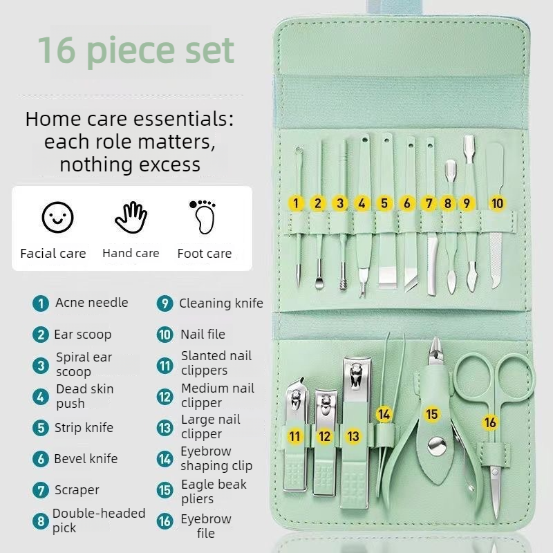 16-Piece Stainless Steel Manicure and Pedicure Set, Home Nail Clippers and Cuticle Tools Kit for Hand, Foot, and Facial Care—Pink