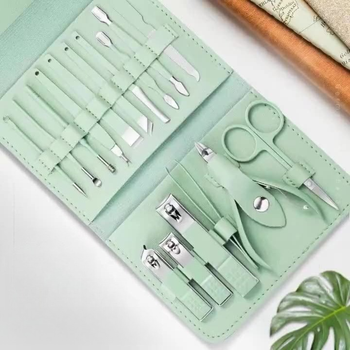 16-Piece Stainless Steel Manicure and Pedicure Set, Home Nail Clippers and Cuticle Tools Kit for Hand, Foot, and Facial Care—Pink