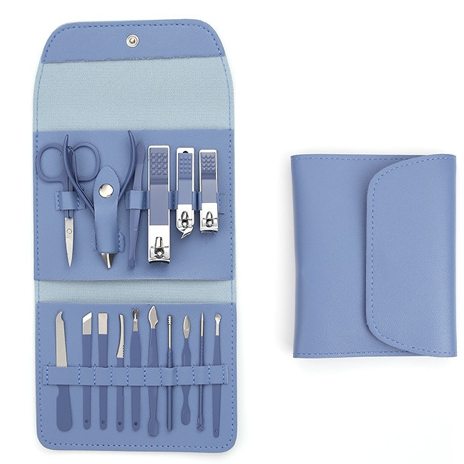 16-Piece Stainless Steel Manicure and Pedicure Set, Home Nail Clippers and Cuticle Tools Kit for Hand, Foot, and Facial Care - Blue