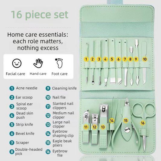 16-Piece Stainless Steel Manicure and Pedicure Set, Home Nail Clippers and Cuticle Tools Kit for Hand, Foot, and Facial Care—Green