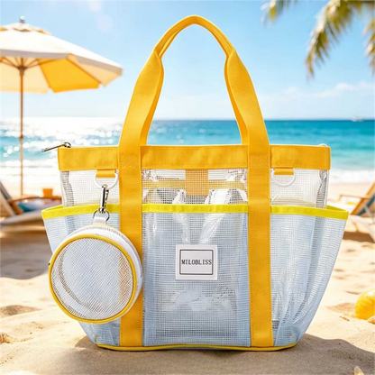 Multi-Pocket Mesh Beach Swim Bag, Dry/Wet Separation, Large Capacity Gym Tote with Bonus Mini Round Mesh Pouch - Orange Kemu |Fashion Home Kitchen Beauty