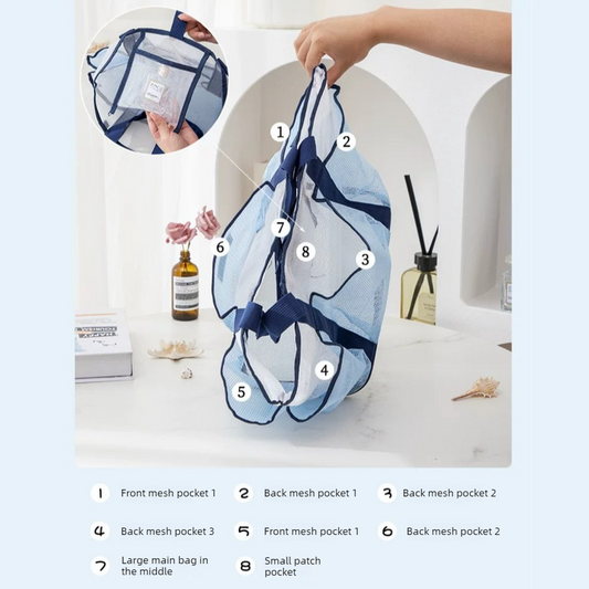Multi-Pocket Mesh Beach Swim Bag, Dry/Wet Separation, Large Capacity Gym Tote with Bonus Mini Round Mesh Pouch - Orange