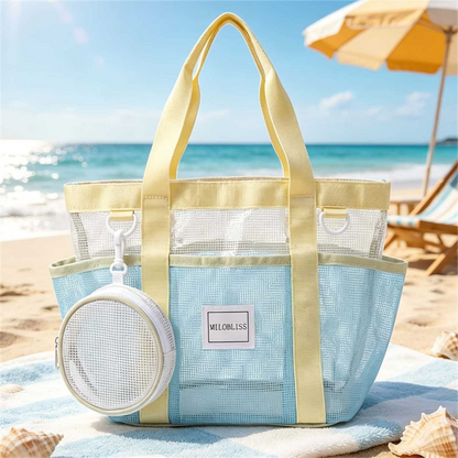 Multi-Pocket Mesh Beach Swim Bag, Dry/Wet Separation, Large Capacity Gym Tote with Bonus Mini Round Mesh Pouch - Beige Kemu |Fashion Home Kitchen Beauty