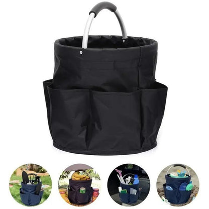 Foldable Handheld Storage Bucket with 6 Pockets, Oxford Garden Tool & Picnic Organizer Tote - Black